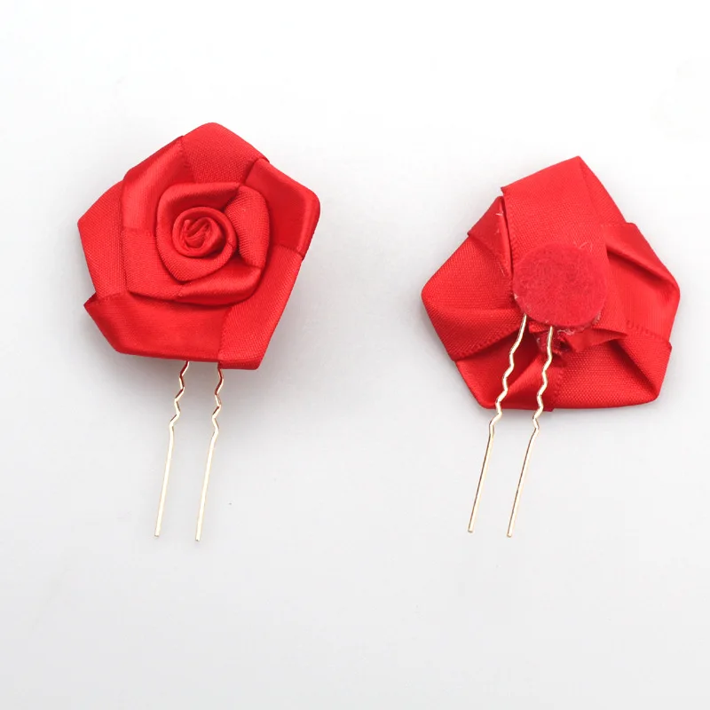3 قطعة الشريط الأحمر المزورة اليدوية 5 سنتيمتر زهور النسيج الوردي دبابيس الشعر الزفاف إكسسوارات الشعر أغطية الرأس الزفاف #2