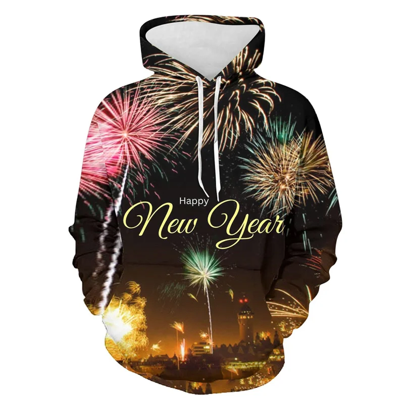 Happy New Year Pattern Hoodie For Men Colorful Fireworks 3D Printed Long Sleeves Casual Pullover Tops Hoodies Loose Sweatshirt