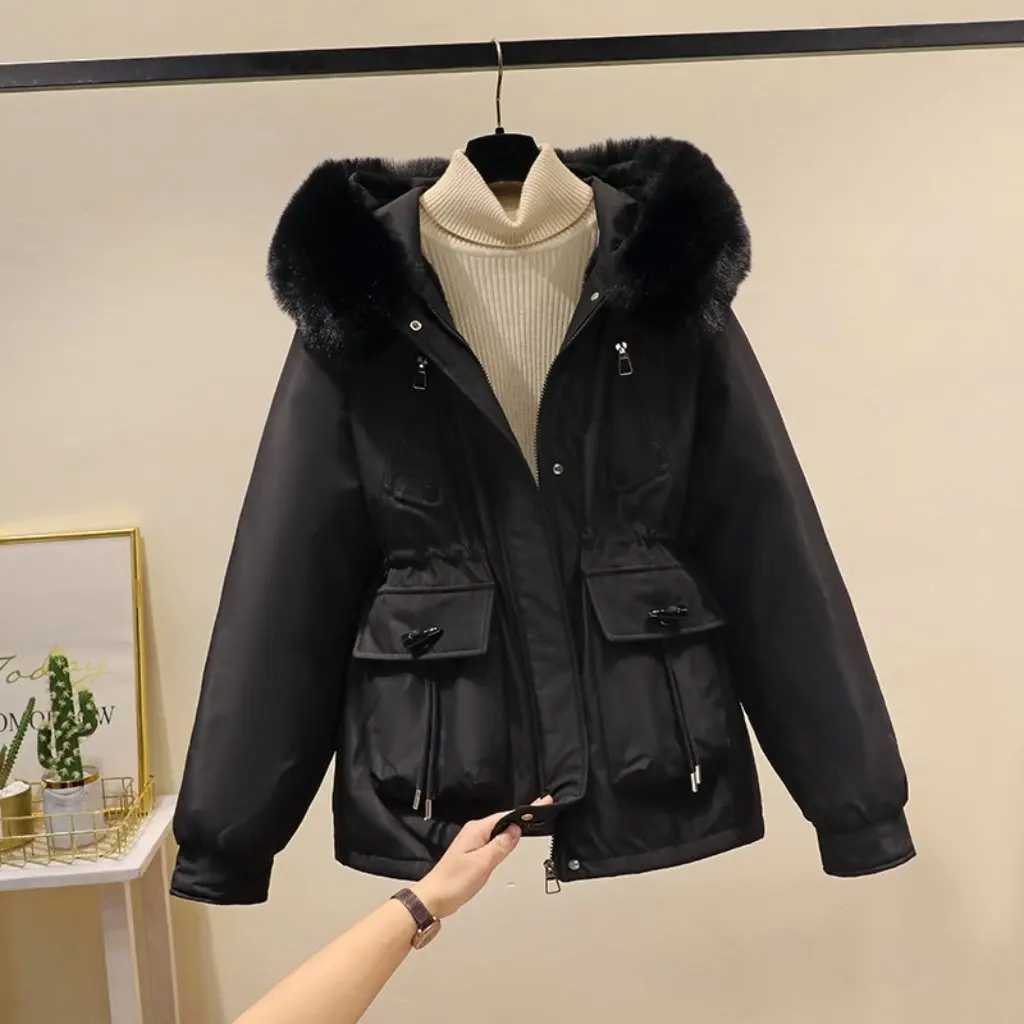 

Женская утолщенная хлопковая куртка Parker на флисовой подкладке, короткое зимнее пальто с большим меховым воротником для миниатюрных размеров