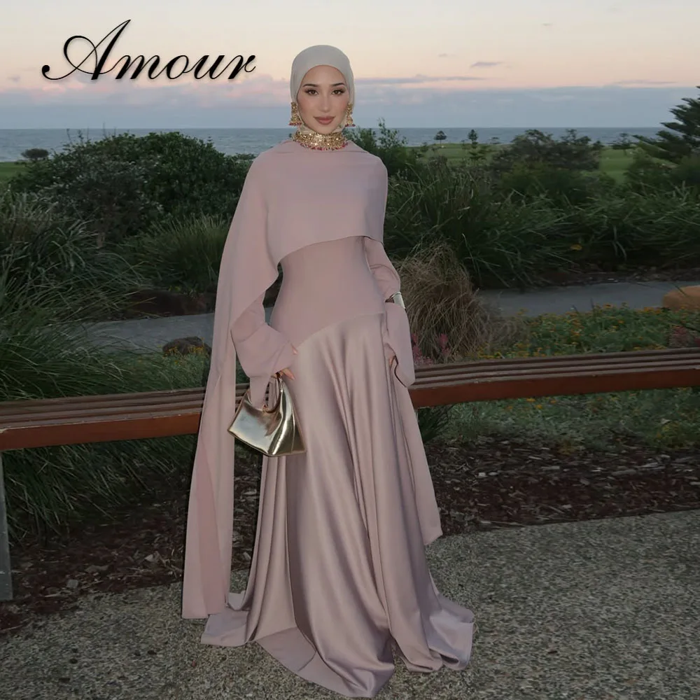 Amour Maßgeschneiderte Muslimische A-Linien Abendkleider Plissiert mit Hijab Lange Ärmel Bodenlange Formelle Satin-Partykleider 2026