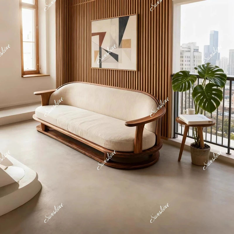 

New Chinese-style semi-circular arc, small apartment living room Zen, solid wood sofa