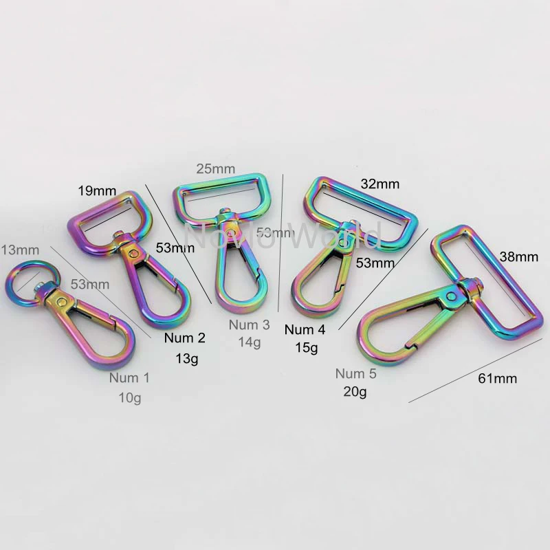 Nolvo World 5-20-100pcs 5 size 13-19-25-32-38mm rainbow metal regular swivel hook for bag dog collar clasps snap clasps