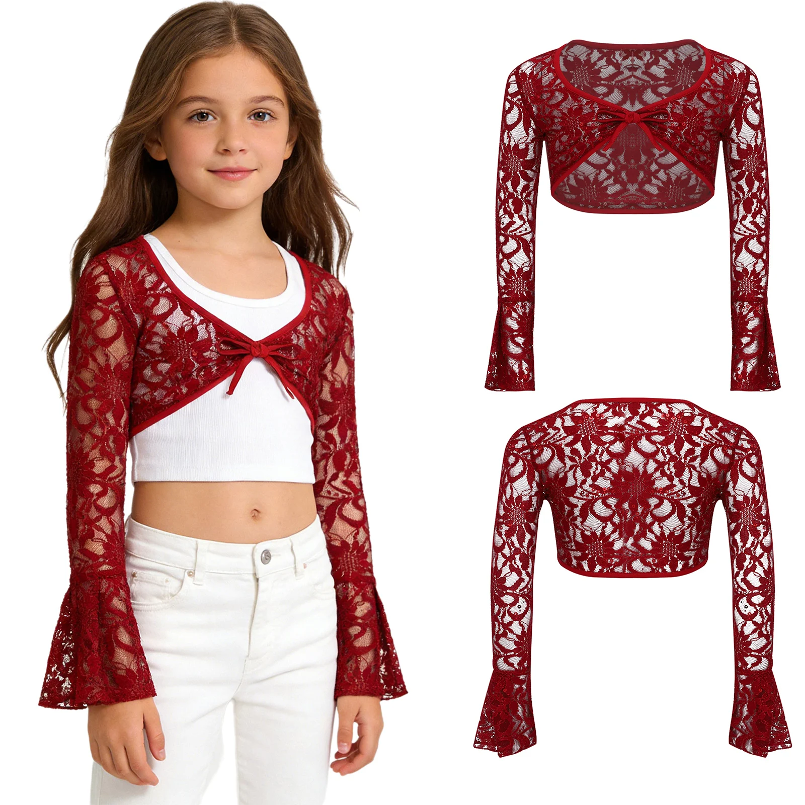 

Girls Floral Lace Short Bolero Shrug Ballet Dance Top Flare Long Sleeve Elegant Crop Coat Yoga Dancing Class Training Costume
