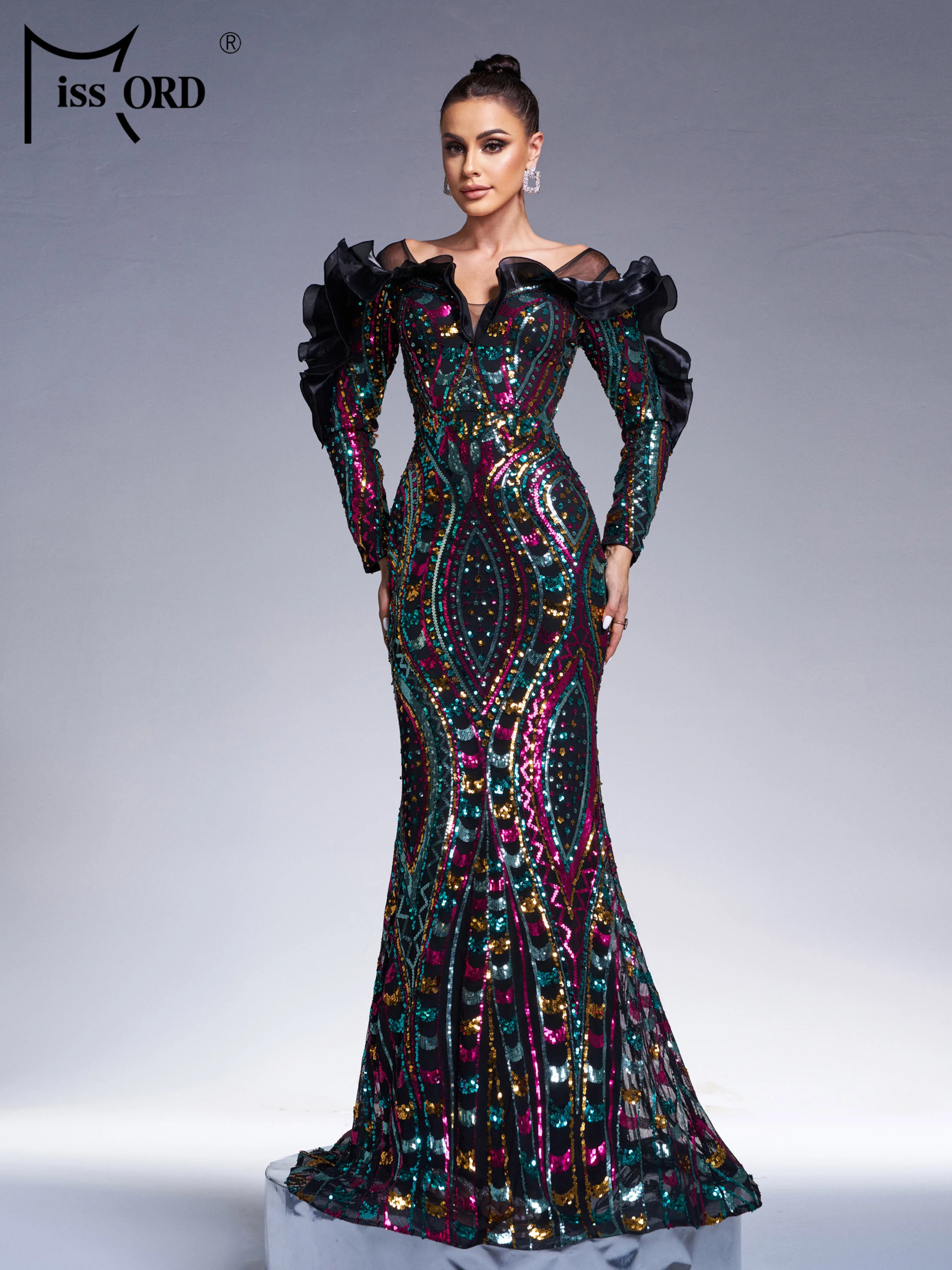 Missord New Black Church Off Shoulder Sequin Geometric Mermaid Evening Cocktail Wedding Birthday Party Formal Occasion Dress