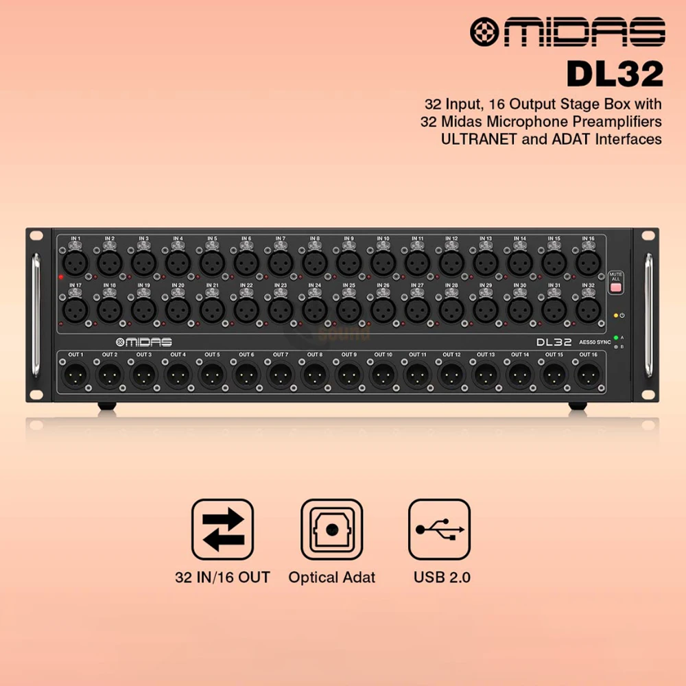 صندوق مسرح Midas DL32 Digital Snake 32 مدخلًا لنظام صوت مزج الصوت الاحترافي للعرض المباشر