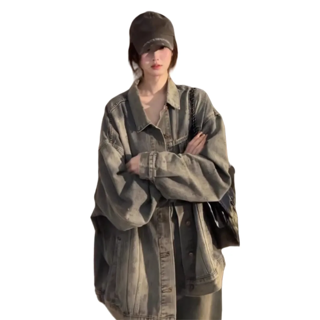 Autumn New Retro Washed Denim Jacket for Women Distressed Blue Design Stylish Oversize Loose Fit Top