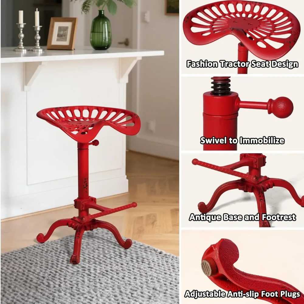 러스틱 인더스트리얼 팜하우스 스타일 조절 가능한 트랙터 시트 바 스툴 (회전형, 에이지드 레드)