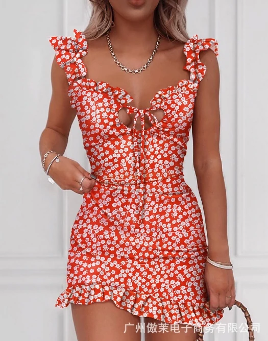 

Women's Dress 2024 Summer Vacation Fashion Casual Floral Print Frill Hem Tie Details Hollow Sleeveless Tight Mini Dress