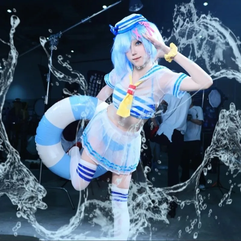 

Rem Ram Anime Re:Life in a different world from zero Cosplay Costume Rem Maid woman Sailor Suit Summer Short Skirt Clothing wig