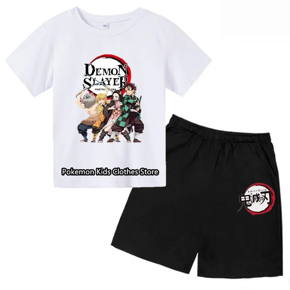 Boys Girls Clothes Set Summer Cartoon Demon Slayer T shirt+Short Pants 2pcs Children Clothing Teen 1 2 3 4-14 Year Kids Suit