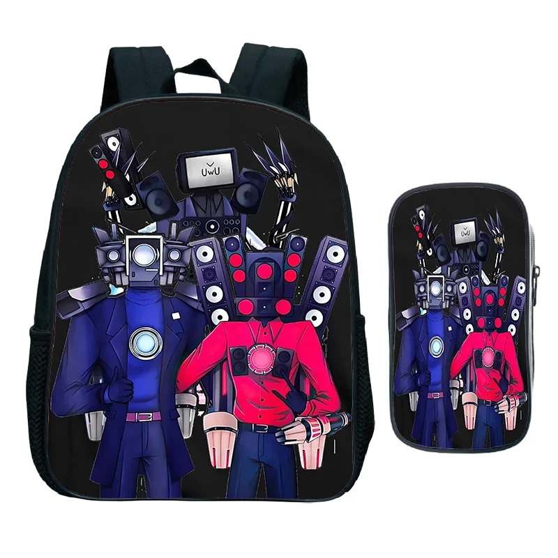 Mochila Skibidi Toile Print para crianças, mochila infantil Speakerman Kindergarten dos desenhos animados para pré-escolar, mochila impermeável para meninos e meninas, 2pcs por conjunto