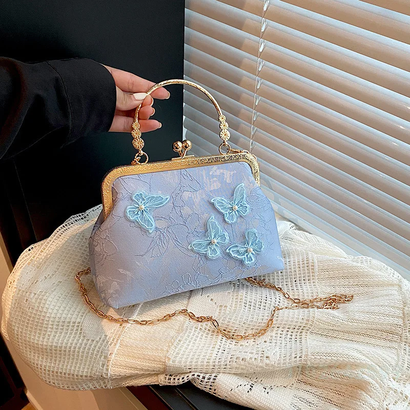2026 New Chinese Style Cheongsam Dinner Handbag Sweet Fashion Chain Bag Three-dimensional Bow Women's Shoulder Clip Bag