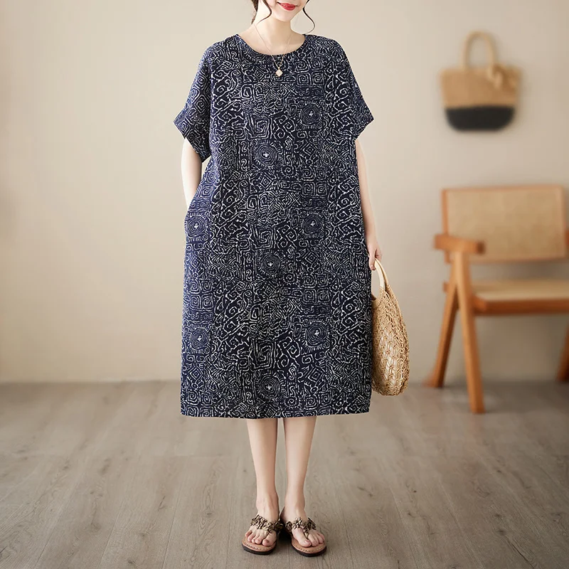 #3438 Retro Cotton And Linen Dress Women Pockets Loose Midi Dress Female Short Sleeve O-neck Vintage Long T-shirt Dresses Ladies