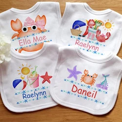 Personalized Baby Bib Beach Crab Starfish with Name Boys Girls Cotton Bibs Custom Newborn Saliva Towel Bib Infant Shower Gifts