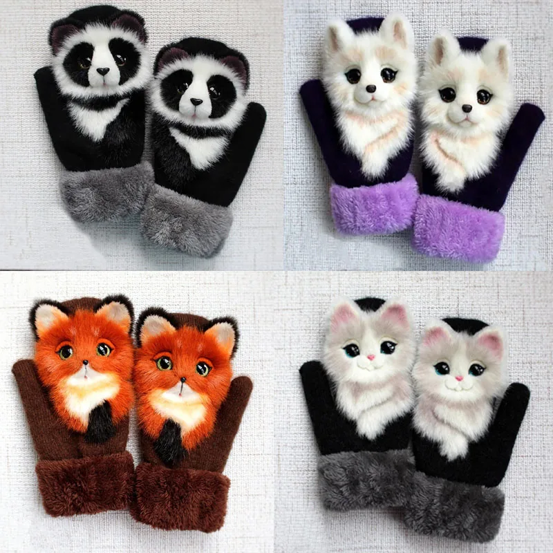 

Funny Cute Cat Cartoon Winter Warm Children's Gloves Plus Velvet Thickened Girls Adults Gloves Christmas Gifts Kids Knit Mittens