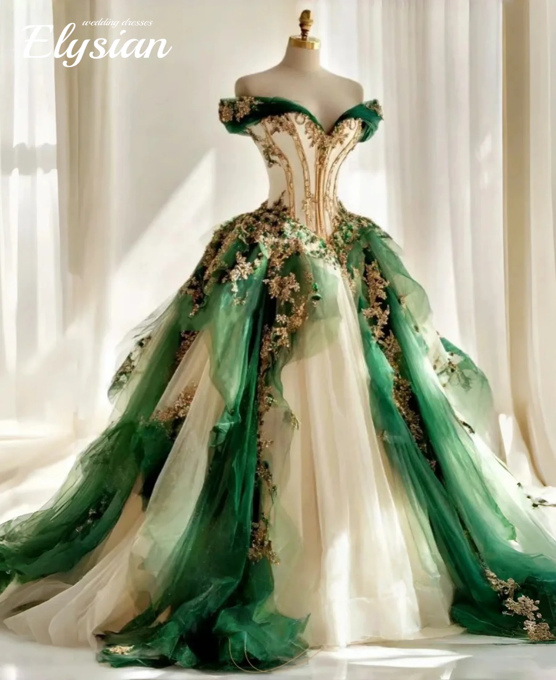 Customized Champagne And Green Fantasy Wedding Dress Ruffle Ball Gown Lace Appliques Off-Shoulder Fairytale Bridal Gowns