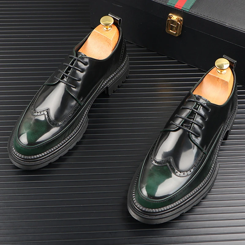 

men luxury fashion genuine leather brogue shoes lace-up platform shoe party nightclub dress green red gentleman footwear zapatos