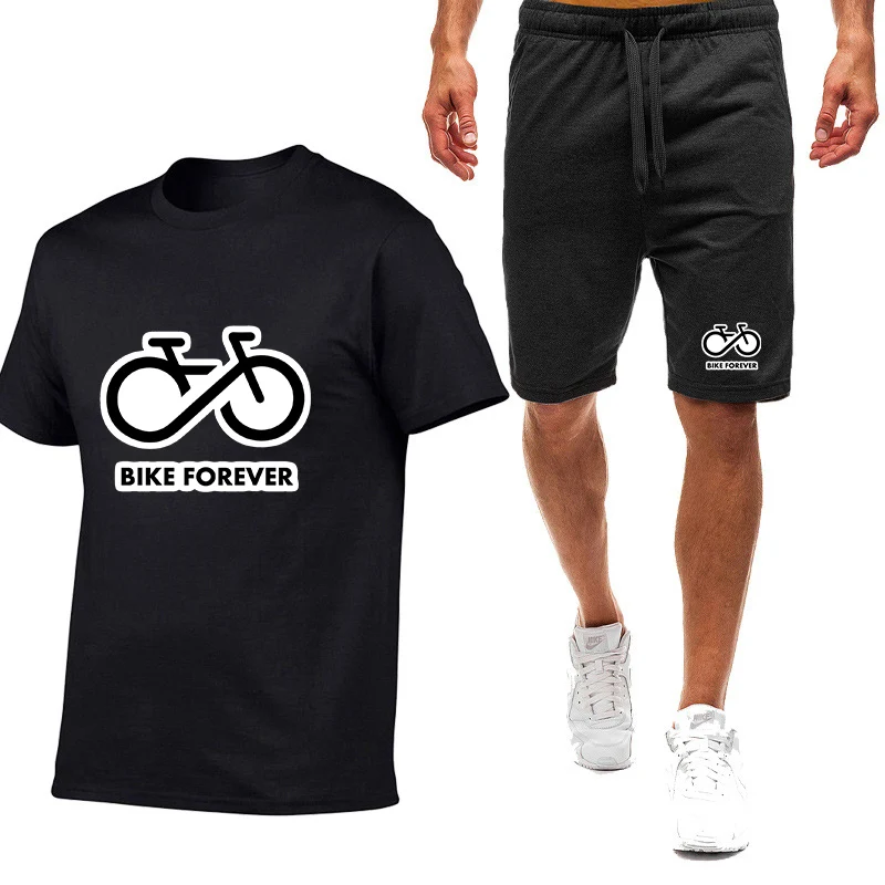 Bike Forever Printing 2025 Summer New Style Men's Nine Color Short-sleeved Set Casual Top Comfortable Shorts Sport Suit
