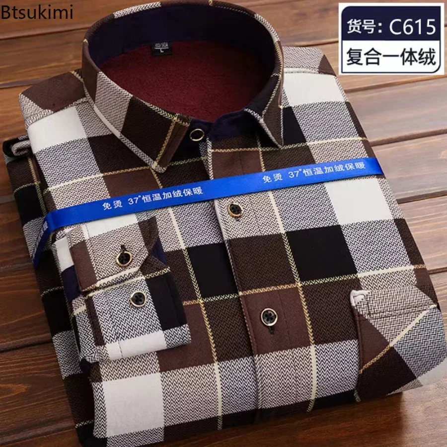 2025 Camisa a cuadros cálida de manga larga para hombre, camisa informal gruesa de lana para otoño e invierno, camisa de talla grande, suéter