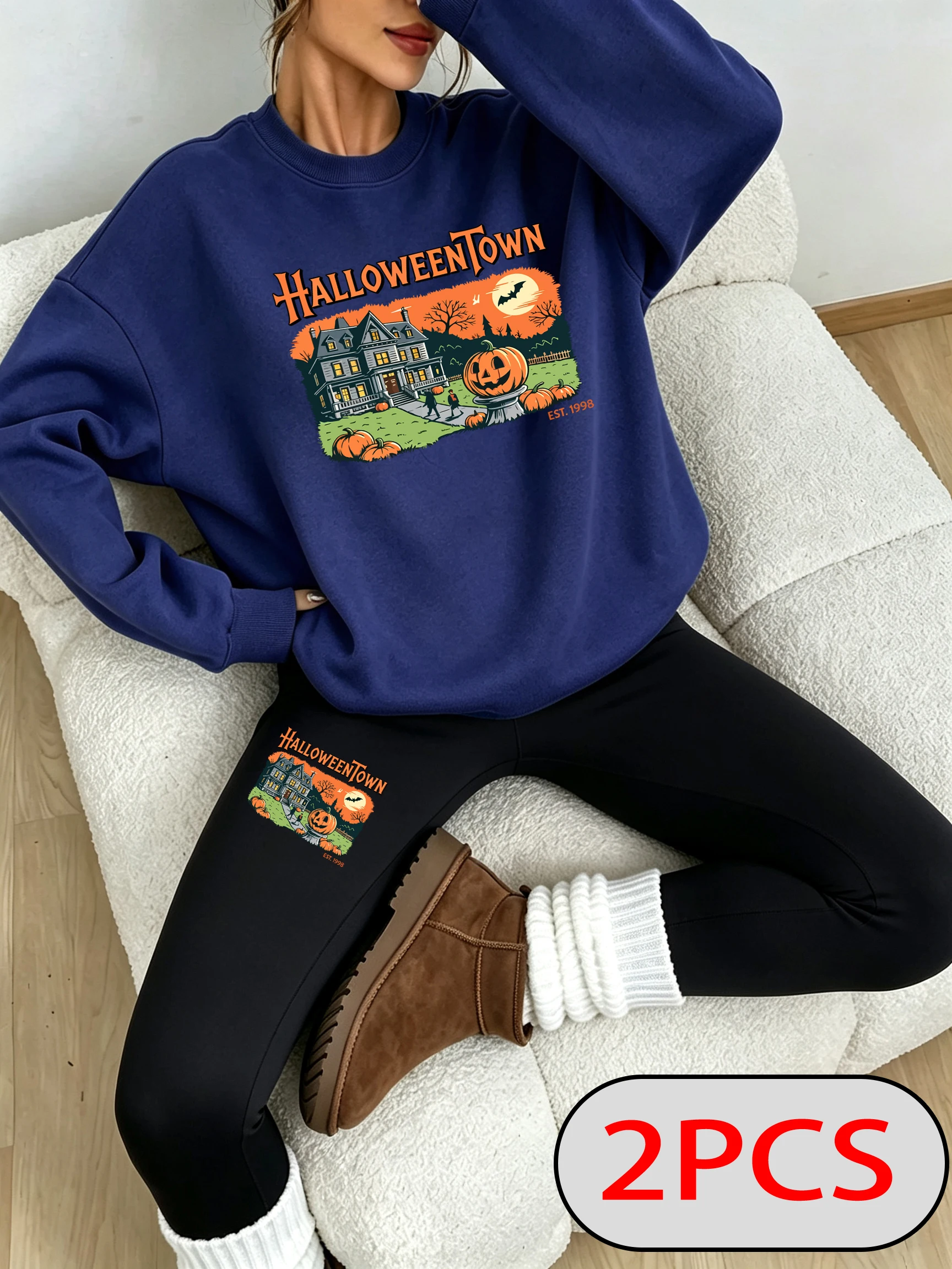 Halloweentown Pumpkin Haunted House Fall Print Women Pullovers Crewneck Fleece Sweatshirt Set Autumn Warm Leggings Korean Pant - view 3