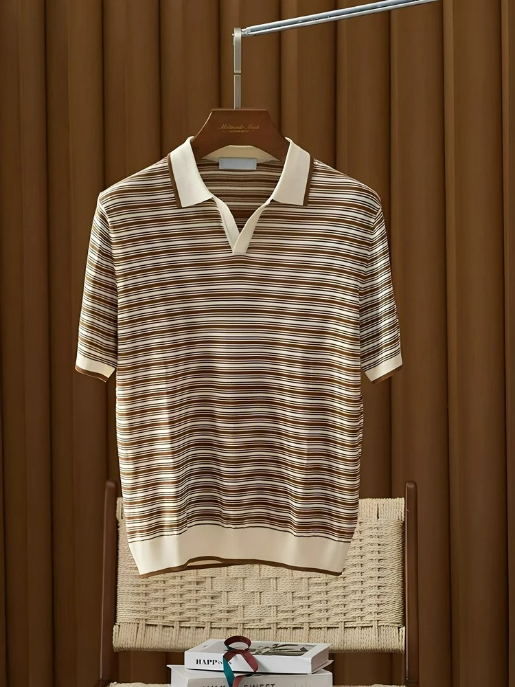 

Итальянская LP старая деньги стиль легкая роскошная летняя 80% льняная полосатая деловая рубашка-поло с короткими рукавами и лацканами