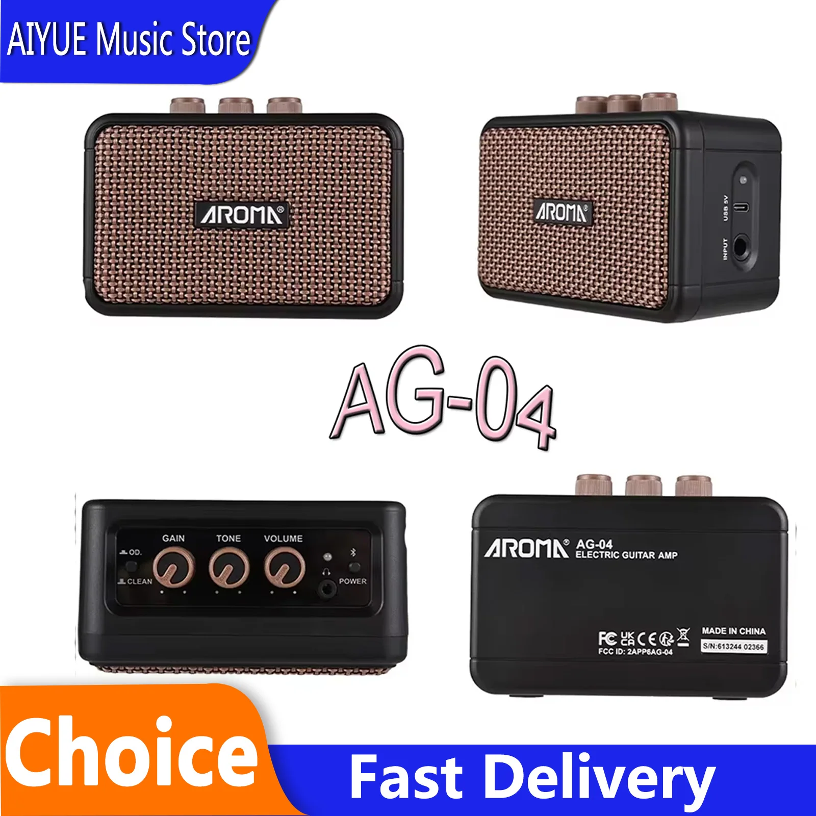 

AROMA AG-04 5W Electric Guitar Amplifier Speaker Clean And Overdrive 2 Sound Effects Support Mini BT/Headphone Bluetooth Parts
