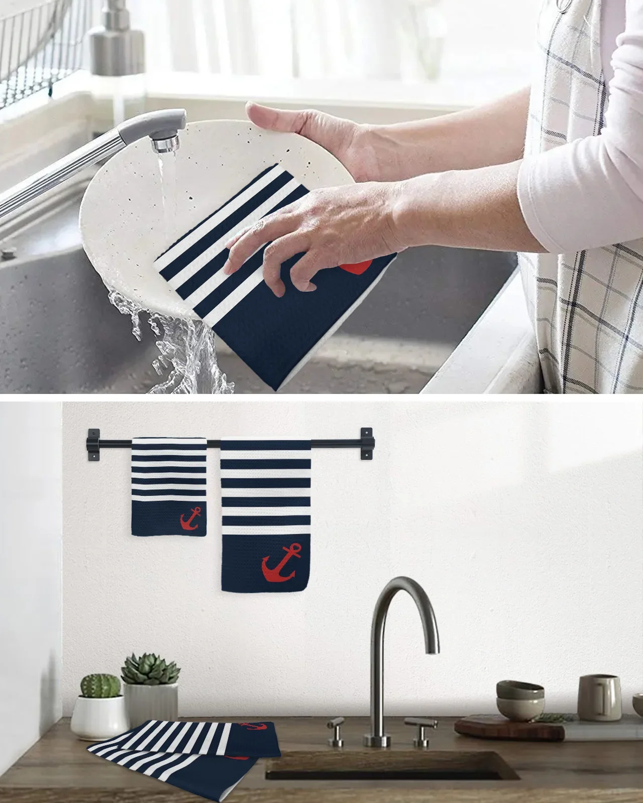 Navy Blue Stripe Anchor Simple 40*60cm Tea Towels Absorption Walf Checks Kitchen Soft Cleaning Towel Cloth Napkins Dish Rags