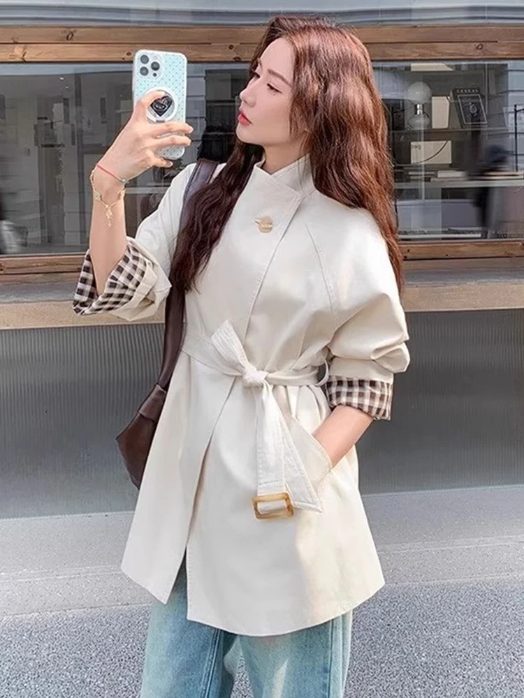 

Элегантный модный плащ с поясом, женский свободный клетчатый лоскутный корейский пиджак с длинными рукавами, повседневные осенние женские топы на одной пуговице