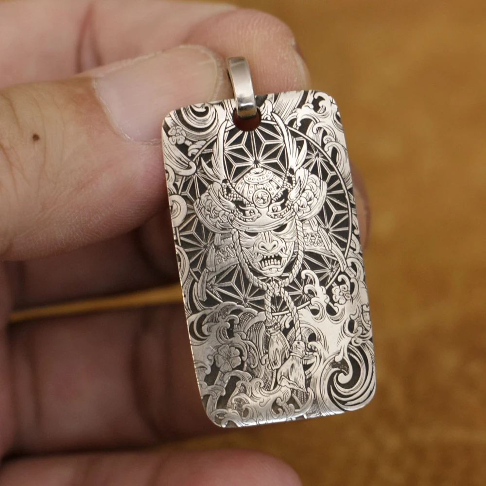 2 Sides Engraving 925 Sterling Silver Japanese Samurai Punk Pendant Size 20X35M…