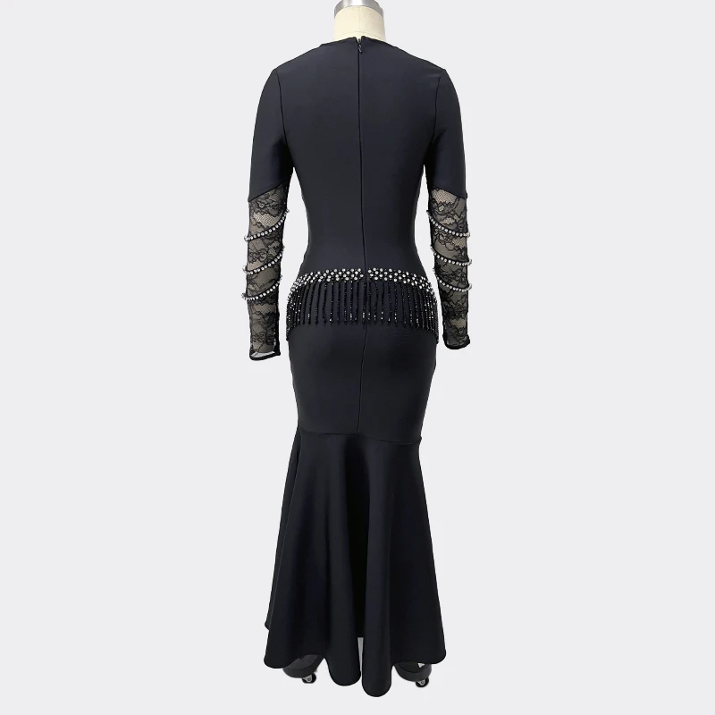 ผู้หญิงนิลสีดําแขนยาวเอวชุดนางเงือก Cascading Beading SHEER ลูกไม้แขนชุดราตรีอย่างเป็นทางการ ​