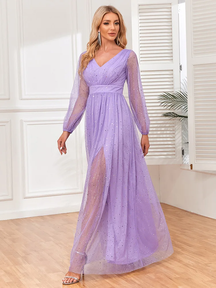 

Lavender Sparkle A-Line Bridesmaid Dress V-Neck Long Sleeve Tulle Formal Gown Long