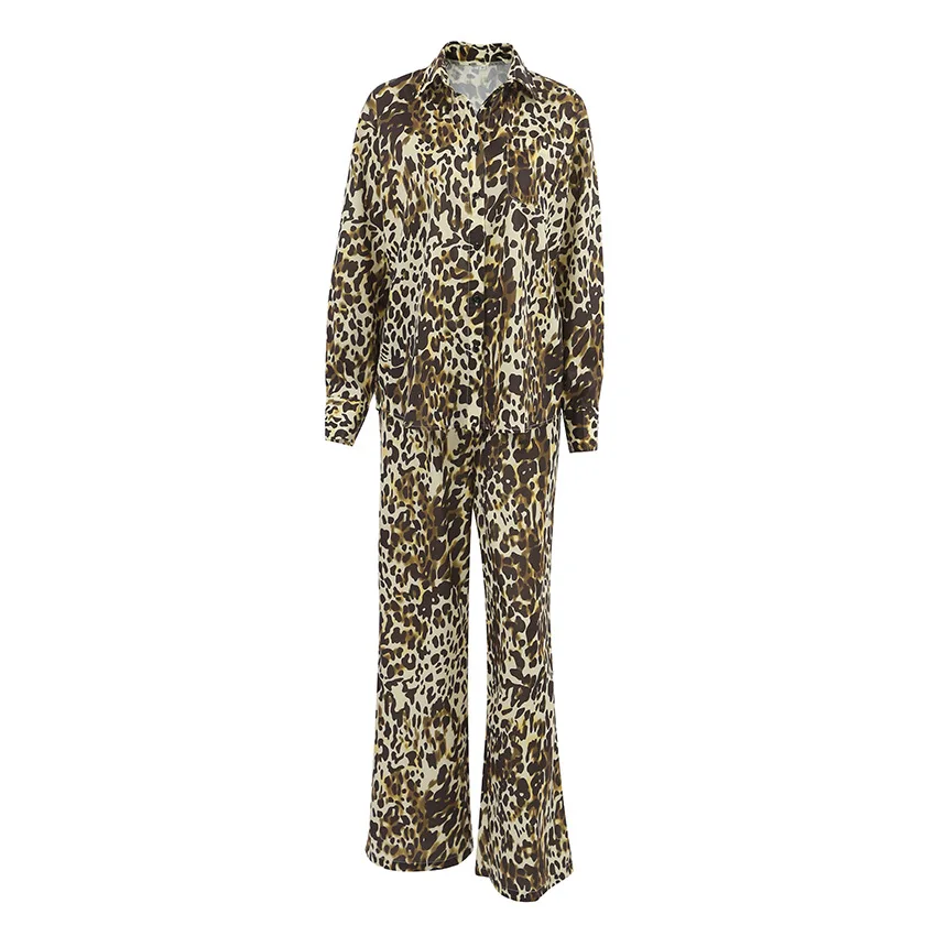 Women's Leopard Print Two-Piece Pajamas Set Full Sleeves Loose Sleepwear Single Breasted Lapel  New Fashion Home Wear 2024