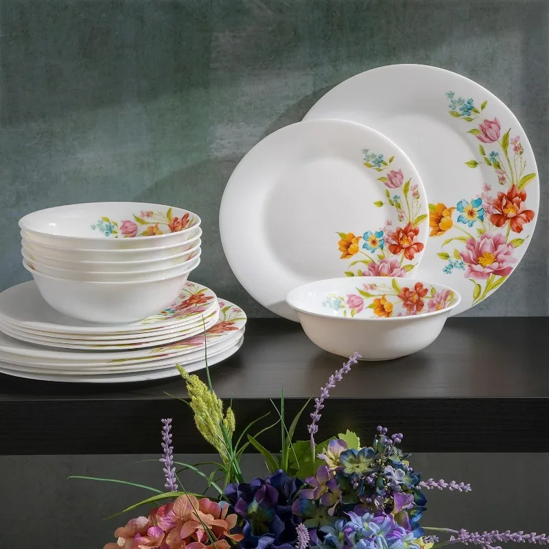 Ultra Break and Chip Resistant Dinnerware Set, Round: Service for 6 (18pcs), Red Floral