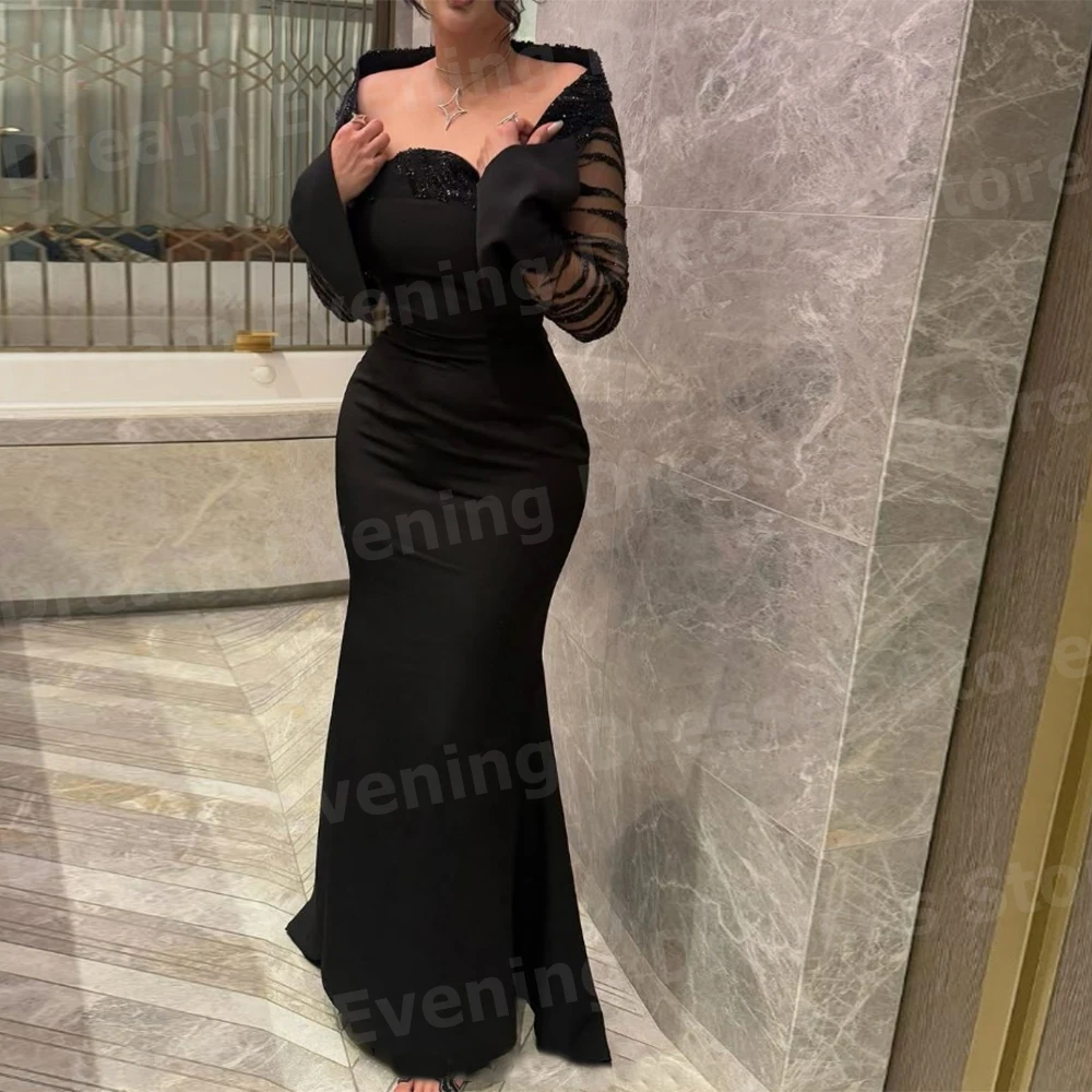 Vestidos de noite femininos elegantes de sereia preta personalizados com contas de manga comprida فسات wegات nysns Vestidos de baile Robe de soirée
