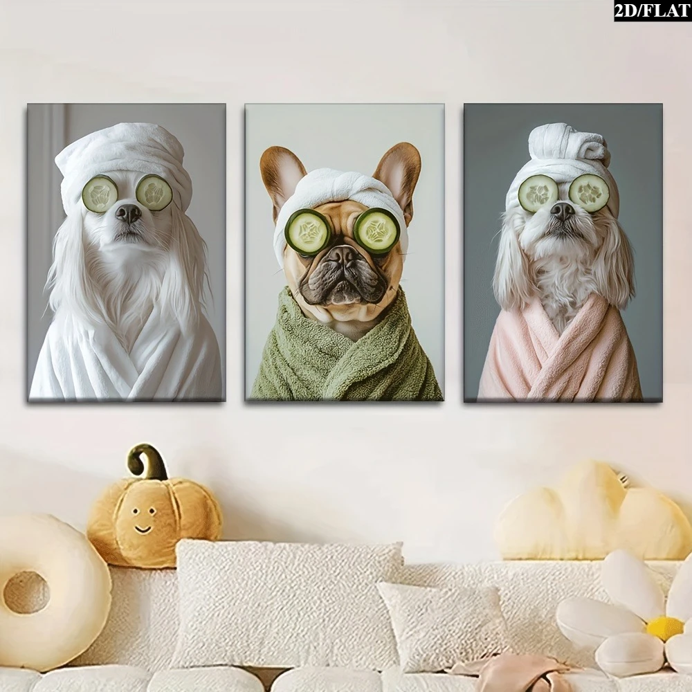 3pcs Frameless Canvas Art Set - Bathrobe Dog, Frameless Wall Decoration for Living Rooms, Offices, Cafes - Perfect Gift for V