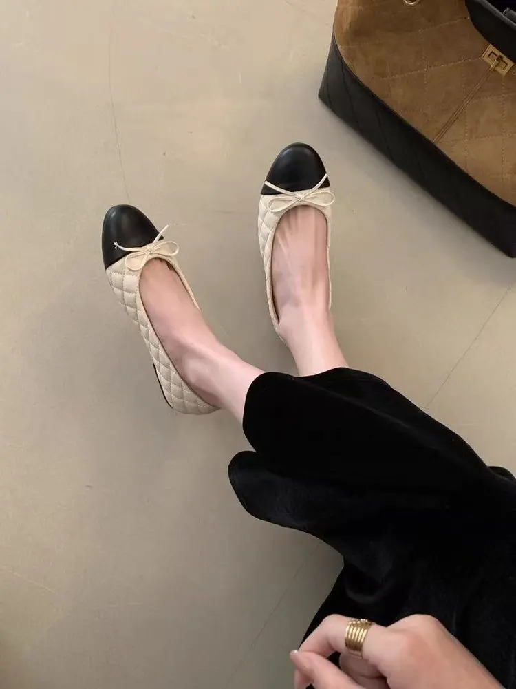 Zweifarbige Damen-Loafer mit Schleife und flachem Absatz, zum Hineinschlüpfen, runde Zehenpartie, bequeme Vintage-Schuhe für Büro, Alltag, Party – Detail 10
