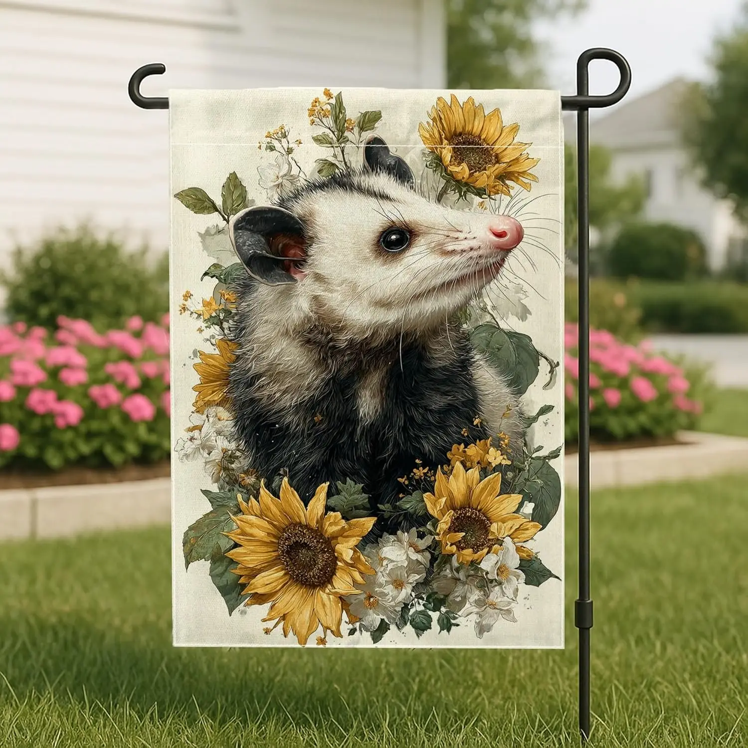 Summer Sunflower Garden Flag, Yellow Opossum Floral Home Decor Banner, Double Sided Burlap Yard Flag Outdoor Lawn Decoration yyi