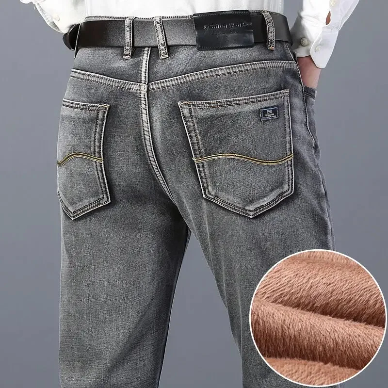 Men's Winter Warm Thick Gray Jeans Business Fashion Regular Fit Denim Trousers Fleece Stretch Pants Male Brand High Quality