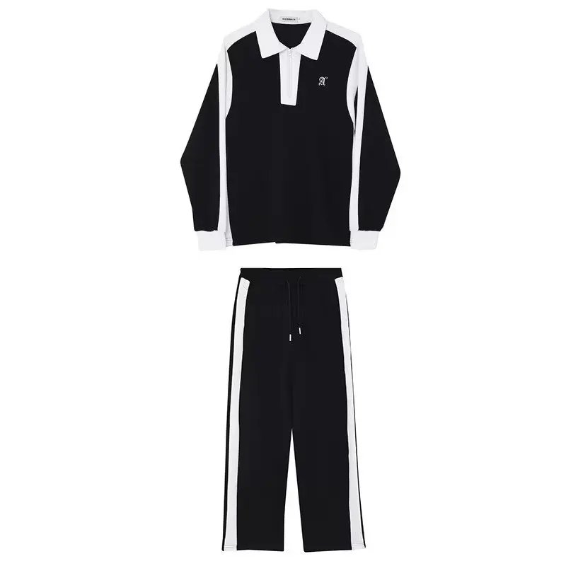 Elegant Black White Color Contrast Sports Shirt Set Long Sleeved Polo Shirt Sweatpants Two Piece Set Casual Handsome Tracksuit