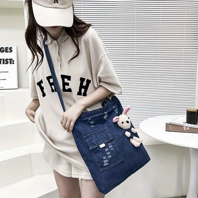 

Denim Rabbit Charm Tote Bag - Casual, Trendy, and Versatile for Everyday Use