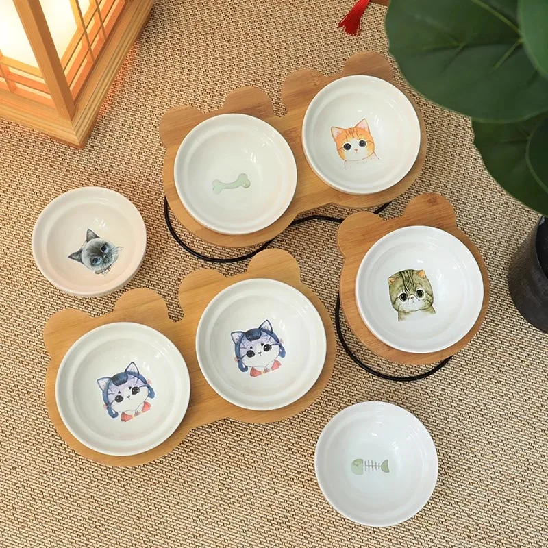 Ceramic Cat Bowl Cat Food Feeder Dog Bowls Drinking Water Bowl Cervical Protection Pet Supplies Ceramic Double Cat Bowls