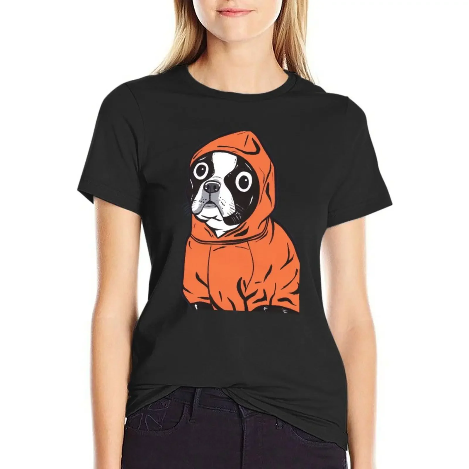 

Boston Terrier Orange Hoodie T-Shirt blanks animal print anime customizeds white t shirts for Women