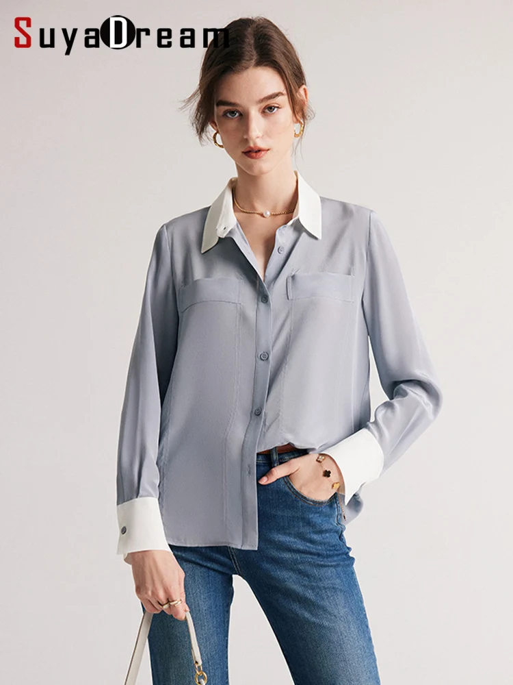 

SuyaDream, Women Chic Shirts, 100%Silk Crepe De Chine, Single Breasted, Solid Blouses, 2024 Spring Summer Office Lady Top