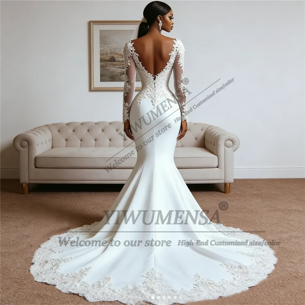 独占的なソフトサテンマーメイドウェディングドレス花嫁のための V ネック長袖背中の開いたブライダルガウンカスタマイズされたローブデマリー 2026