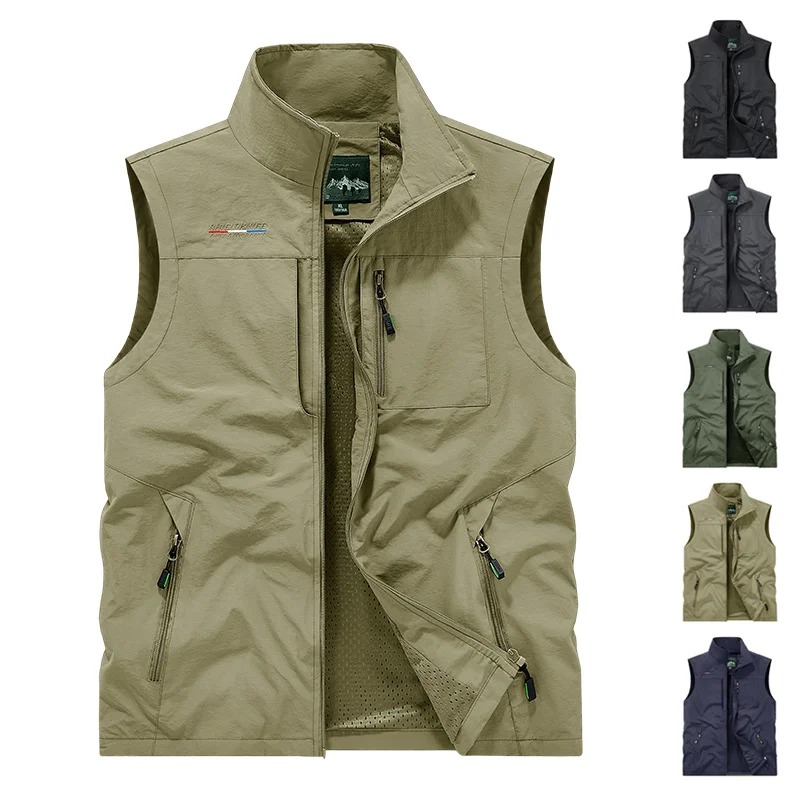 New Men Multi-Pocket Outdoor Vest Stand Collar Casual Sleeveless Jacket for Fishing Photography Hiking Lightweight & Breathable