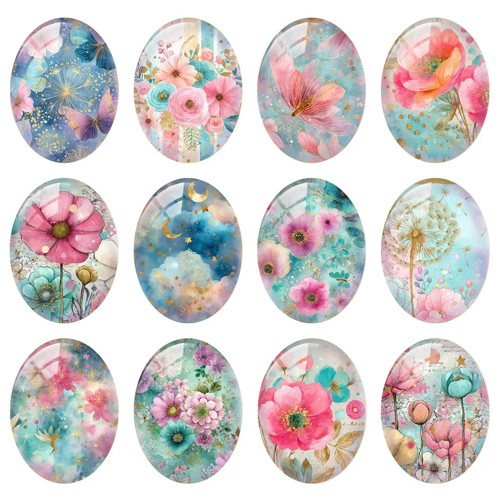 Random Mixed Round/Oval/Square Dreamy Blue Gold Floral Watercolor Photo Glass Cabochon Flatback Demo Cameo For Diy Jewelry Makin