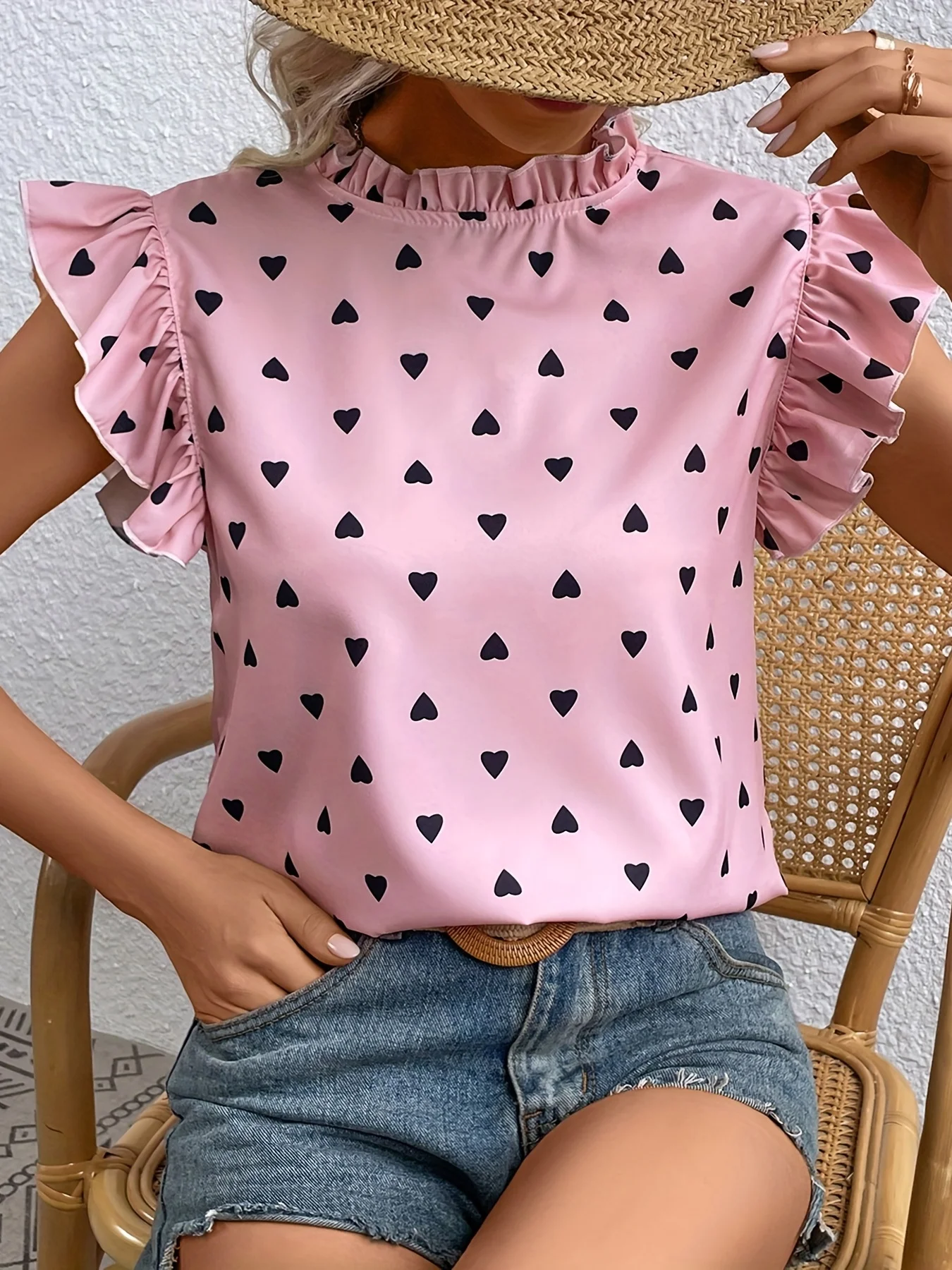 Short Sleeve Round Neck Print Shirt Female Fashion Pullover Clothes Women\'s Summer Ruffle Blouse