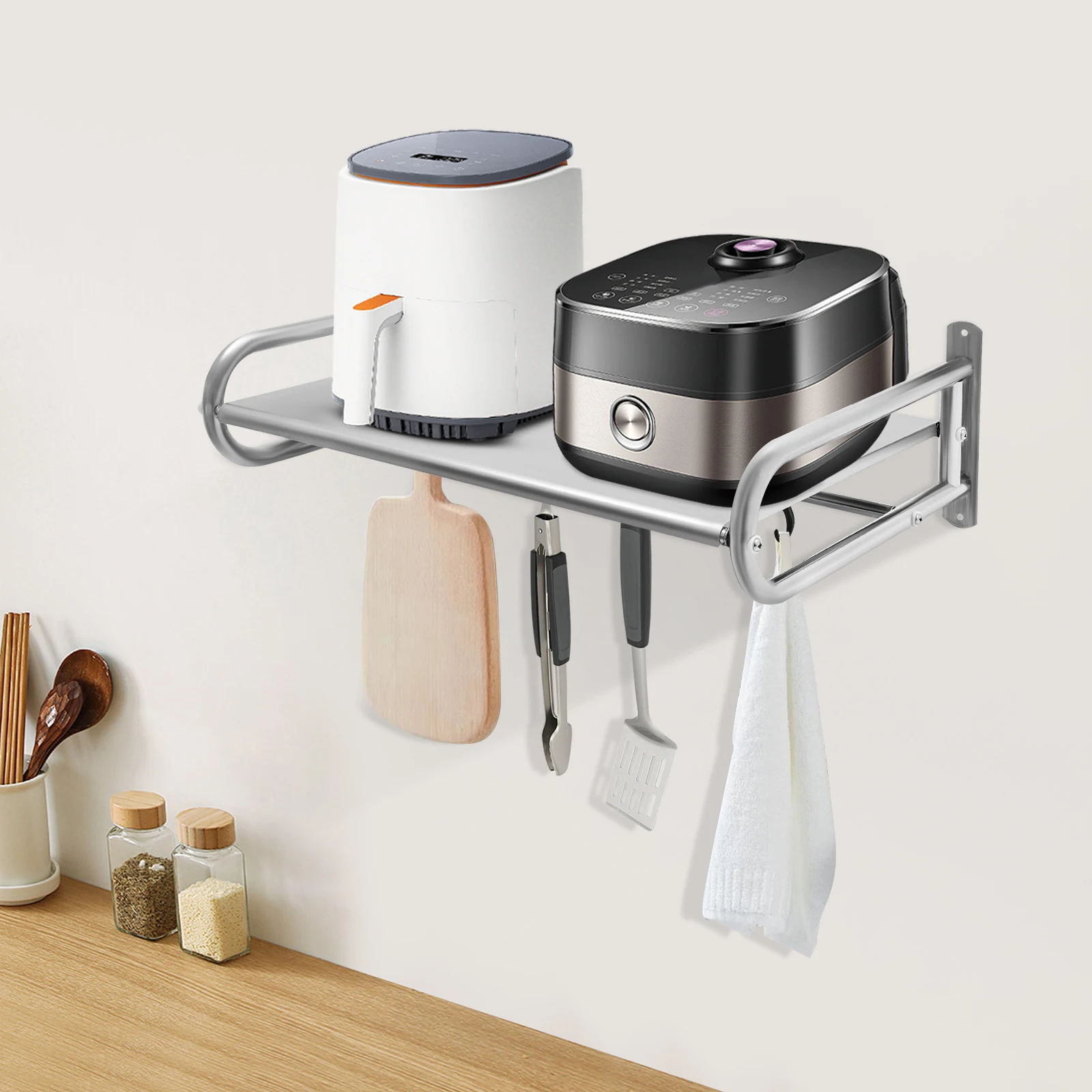 

﻿ Двухуровневая полка для микроволновой печи, нагрузка до 30 кг, из нержавеющей стали, настенная подставка-органайзер с 6 крючками для кухни