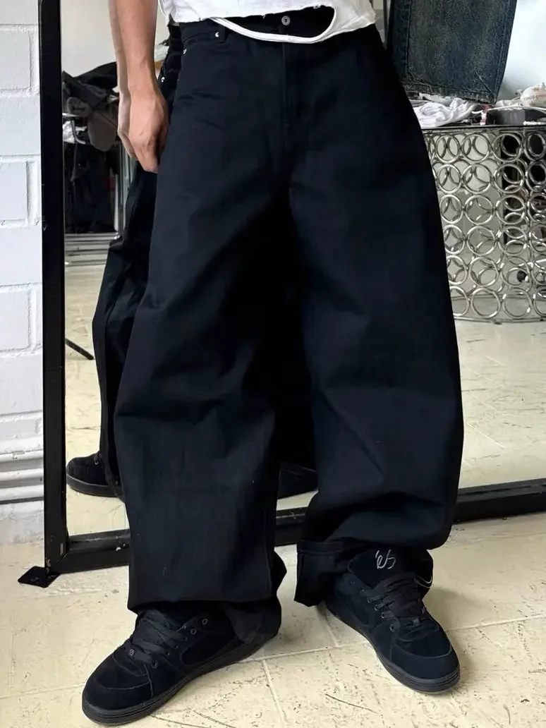No Faith Studios American Japanese Red Ears Red Edge Solid Black Raw Cow Baggy Jeans