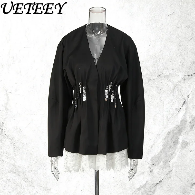 

Блейзер с рюшами и пайетками в европейском и американском стиле, новинка 2023 года, однотонный пиджак с длинными рукавами и кружевной отделкой